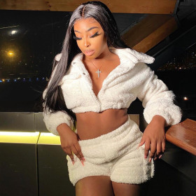 Fluffy long sleeved top and shorts set