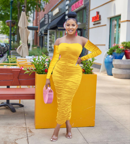 Long sleeved chest wrapped pleated dress