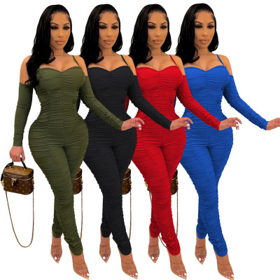 Women's jumpsuit with strapless long sleeves and suspender straps