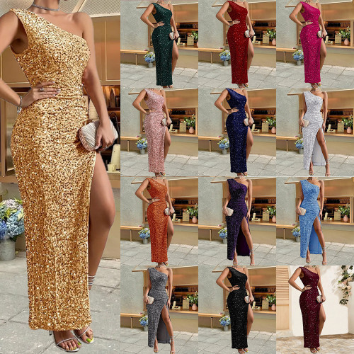 Sparkling single shoulder sleeveless slit solid color dress