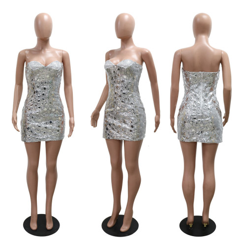 Hot stamping sequin strapless and hip hugging dress