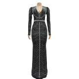Mesh rhinestone long skirt dress