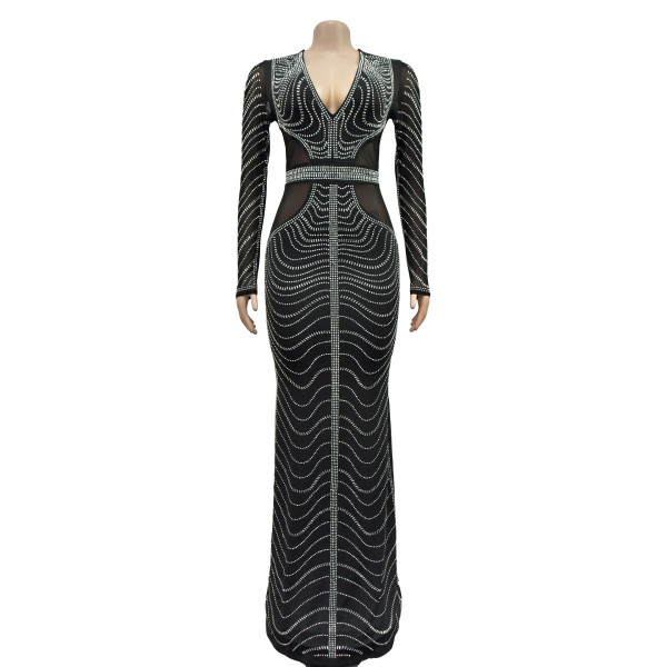 Mesh rhinestone long skirt dress
