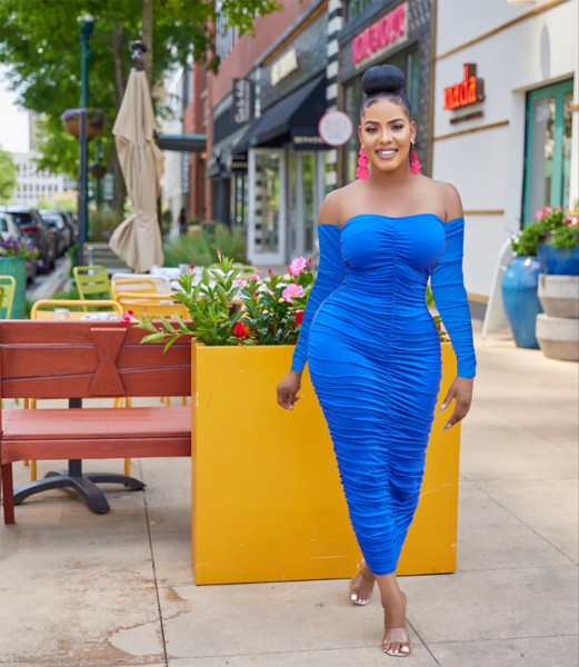 Long sleeved chest wrapped pleated dress