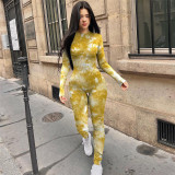 Printed long sleeved tight fitting high waisted and hip lifting sports jumpsuit