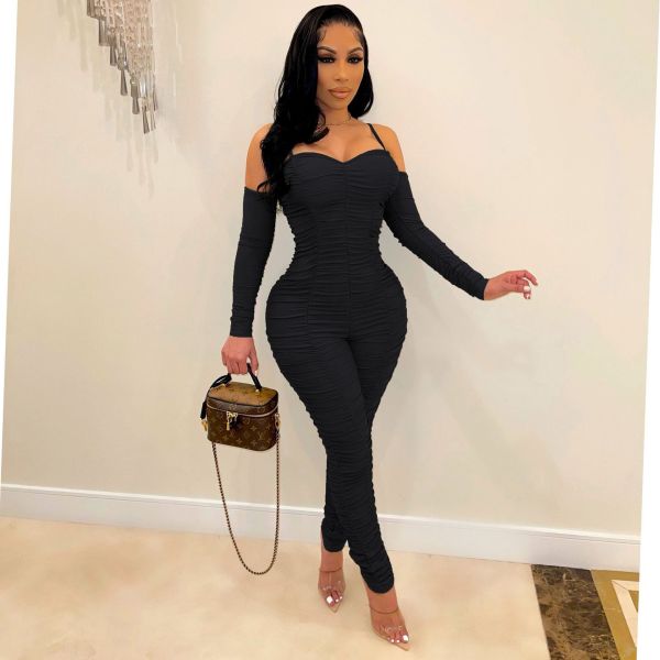 Women's jumpsuit with strapless long sleeves and suspender straps
