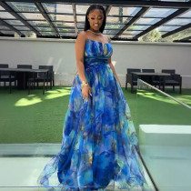 Mesh splicing waist cinching split suspender dress