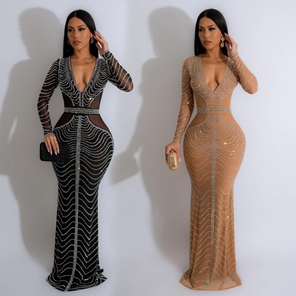 Mesh rhinestone long skirt dress