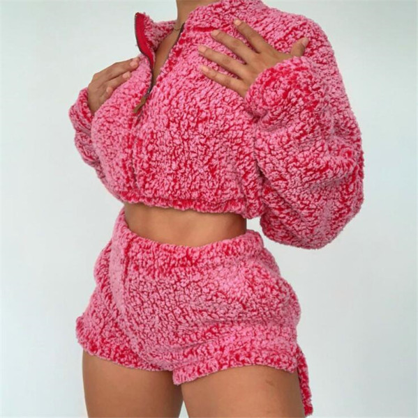 High neck zipper elastic leak belly button shorts set