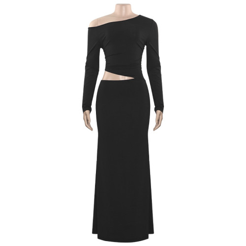 Slanted shoulder long sleeved exposed navel irregular long dress