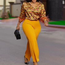 Printed long sleeved shirt and wide leg pants set