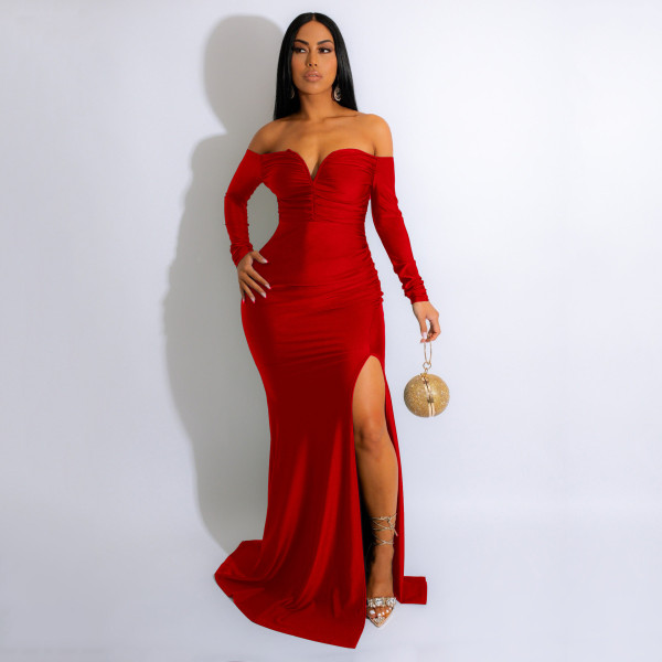 Silk long dress, long sleeved floor length skirt