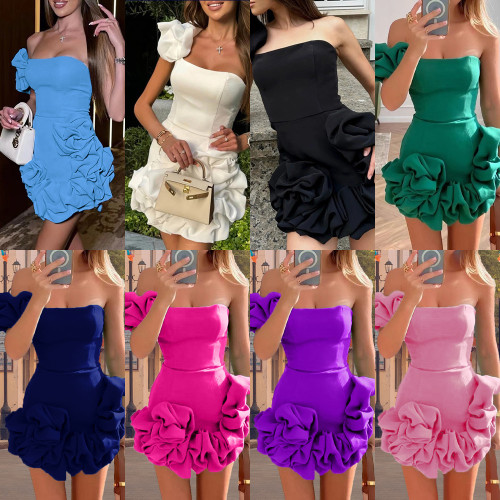 Lotus leaf edge flower bud waist cinching dress, one shoulder strapless and hip hugging skirt