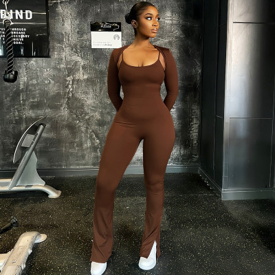 Strap jumpsuit long sleeved top two-piece set