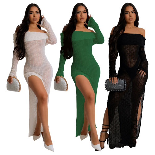 One neck long sleeved see through slit dress