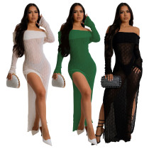 One neck long sleeved see through slit dress One neck long sleeved see through slit dress