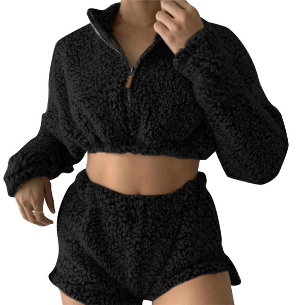 High neck zipper elastic leak belly button shorts set