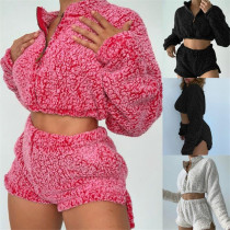 High neck zipper elastic leak belly button shorts set