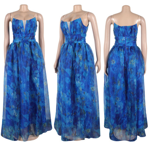 Mesh splicing waist cinching split suspender dress