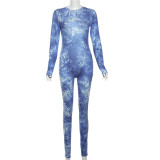 Printed long sleeved tight fitting high waisted and hip lifting sports jumpsuit
