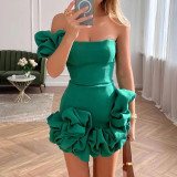 Lotus leaf edge flower bud waist cinching dress, one shoulder strapless and hip hugging skirt