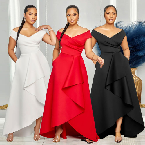 Solid color one shoulder sleeveless large skirt dress