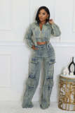 High elasticity multi pocket washed denim casual set two-piece set
