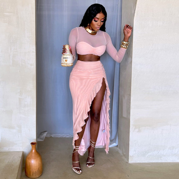 Hollow out navel mesh transparent double-layer lining fabric long sleeved long skirt two-piece set