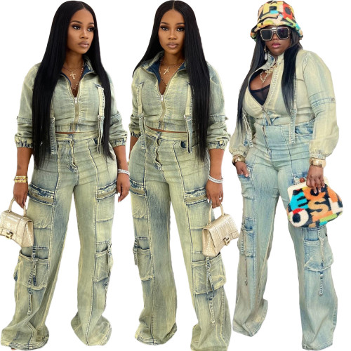 High elasticity multi pocket washed denim casual set two-piece set