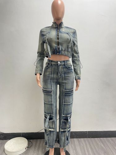 High elasticity multi pocket washed denim casual set two-piece set