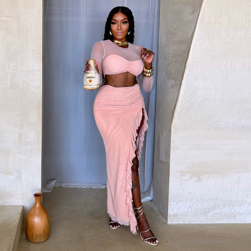 Hollow out navel mesh transparent double-layer lining fabric long sleeved long skirt two-piece set