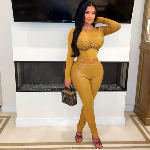 Long sleeved elastic PU leather pants for women, tight fitting leggings