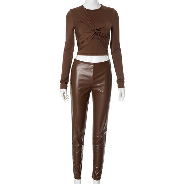Long sleeved elastic PU leather pants for women, tight fitting leggings