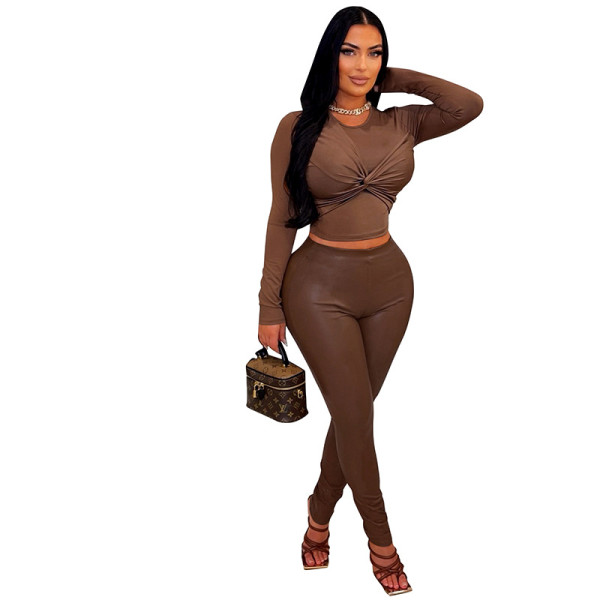 Long sleeved elastic PU leather pants for women, tight fitting leggings