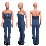 Strapless, backless, adjustable drawstring denim jumpsuit