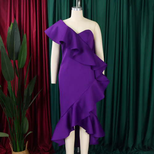 Slanted collar ruffle party fishtail skirt