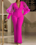 Wrinkled V-neck mesh spliced long sleeved jumpsuit