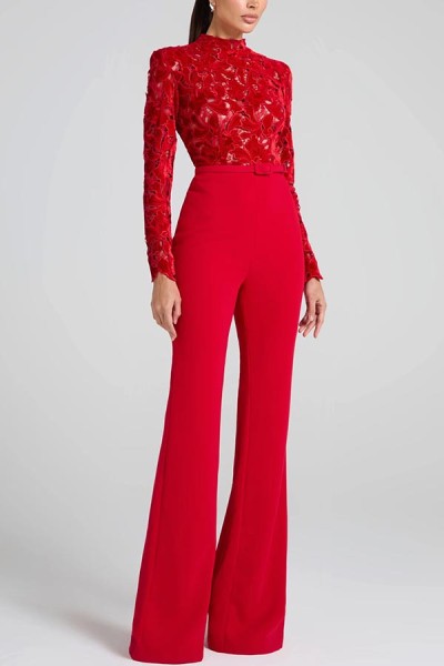 Long sleeved waistband jumpsuit flared pants