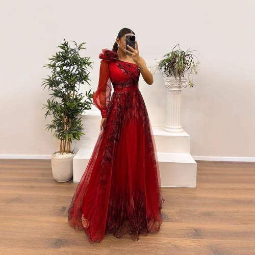 Loose sloping shoulder mesh printed dress