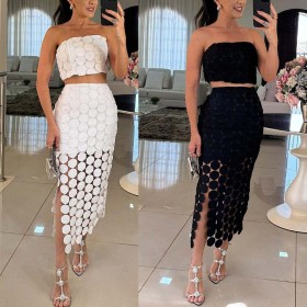 Two piece chest hugging split skirt set