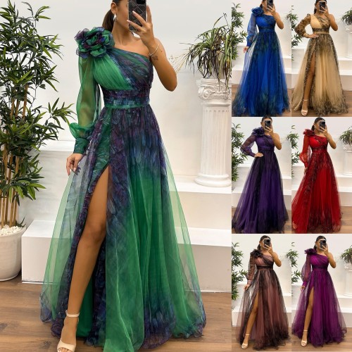 Loose sloping shoulder mesh printed dress