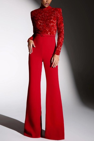 Long sleeved waistband jumpsuit flared pants