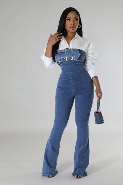 Strapless, backless, adjustable drawstring denim jumpsuit