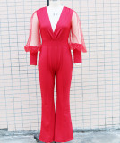 Wrinkled V-neck mesh spliced long sleeved jumpsuit
