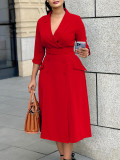 Double breasted suit collar solid color dress