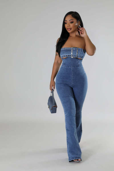 Strapless, backless, adjustable drawstring denim jumpsuit