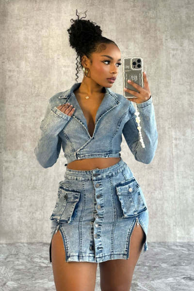 Slim fit denim fake two-piece skirt set