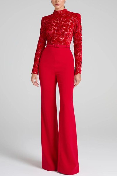 Long sleeved waistband jumpsuit flared pants