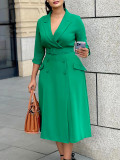 Double breasted suit collar solid color dress