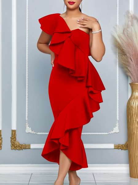 Slanted collar ruffle party fishtail skirt